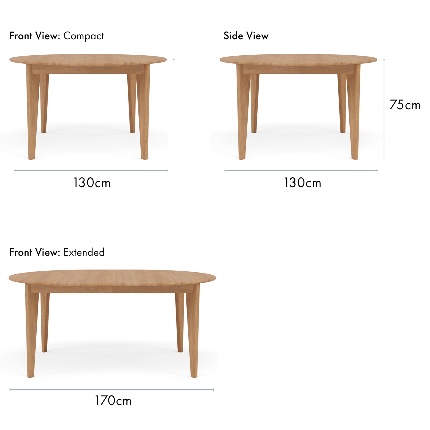 Jackson Round Extension Dining Table - Solid Oak - 130cm-170cm